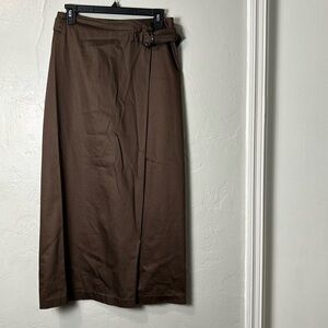 LAFAYETTE 148 NEW YORK BROWN FAUX WRAP ADUSTABLE WAIST BELTED SKIRT